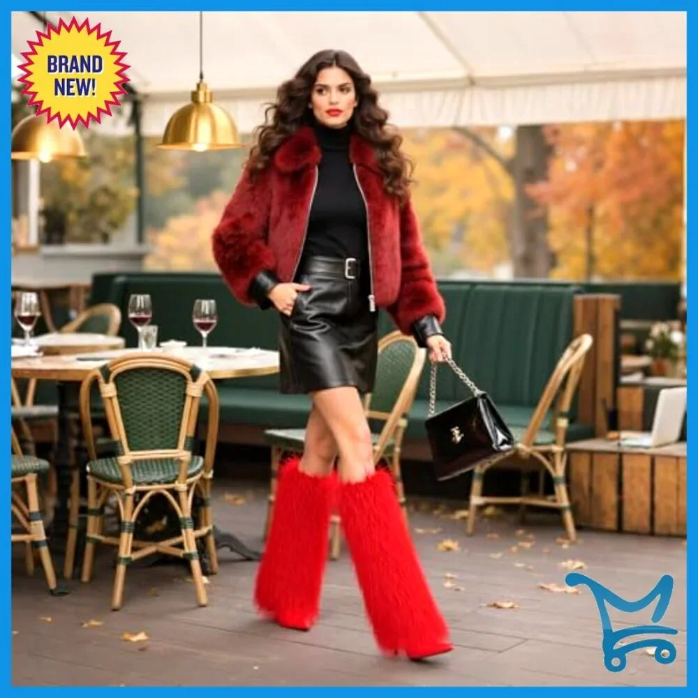 Knee High Faux Fur Boots Wide Calf Stiletto Heel Pointed Toe Winter